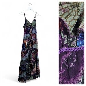 Bila Vintage Boho Maxi Dress Purple Paisley Floral Crinkle Rayon S
